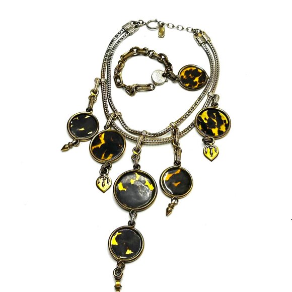 1990s Yves Saint Laurent Tortoiseshell Statement Bib Necklace & Bracelet Set - Picture 2 of 16